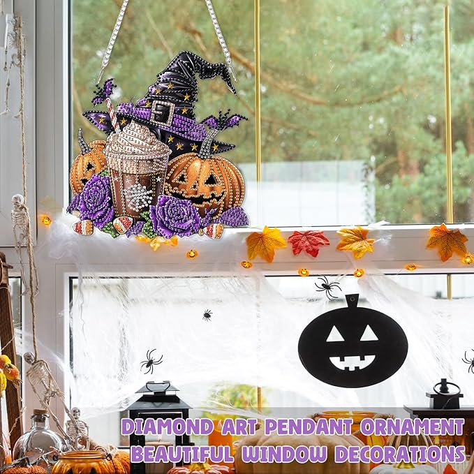 RICUVED Diamond Art Hanging Kit for Adult, Halloween Special Shaped Crystal Gem Craft Diamond Painting Pendant Kits for Adults Beginners, Pumpkin DIY Hanging Art Ornament Kit for Home Garden