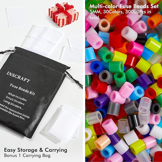 inscraft 30,000 fuse beads kit-30 individual packs of iron beads set with 3 pegboards, 5 ironing paper, 10 patterns, gifts for birthday christmas, multicolor 5mm melty beads bulk refill kit