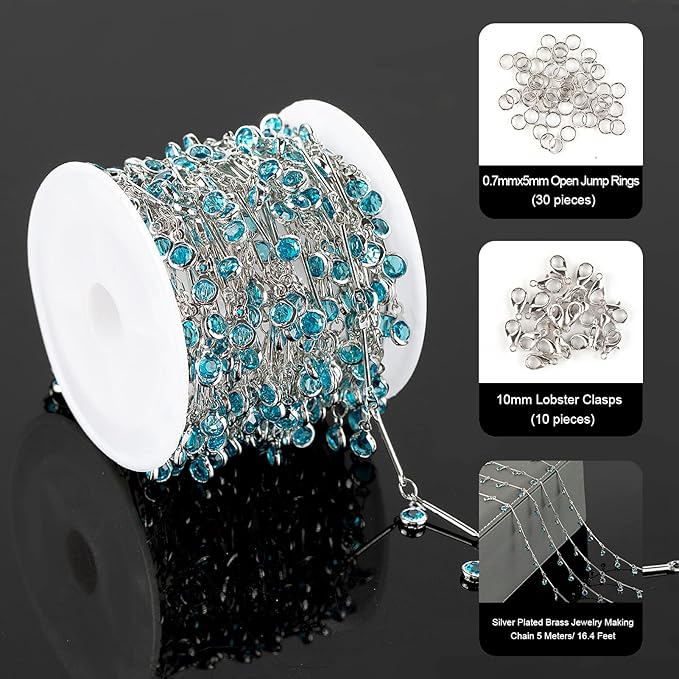 YOUBEIYEE Blue Glass Bead Chains for Jewelry Making, Dangle Crystal Silver Necklace Anklet DIY Chains Bulk with Open Jump Rings and Lobster Clasps