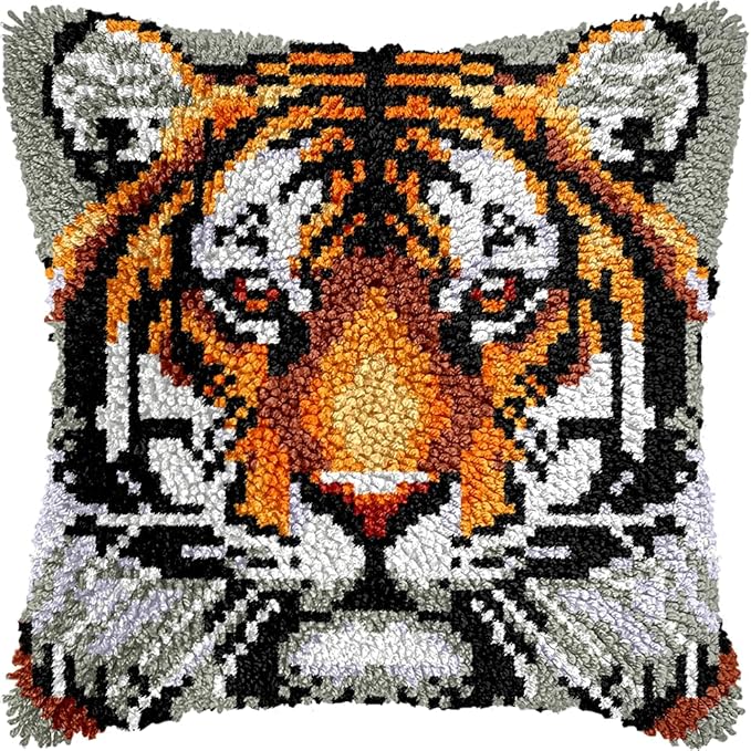 veirousa Tiger Latch Hook Kits for Adults Beginners, Animal Latch Hook Pillow Kit Pre-Printed Latch Hook Rug Kits Craft Cushion Set for Home Sofa Decoration 17x17 in. Handmade Gift