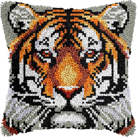 veirousa Tiger Latch Hook Kits for Adults Beginners, Animal Latch Hook Pillow Kit Pre-Printed Latch Hook Rug Kits Craft Cushion Set for Home Sofa Decoration 17x17 in. Handmade Gift
