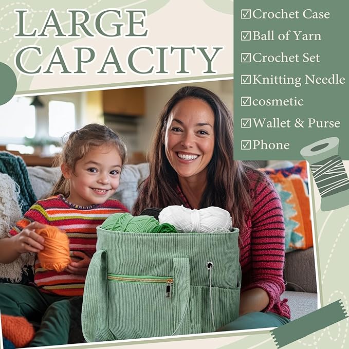 Bulyoou 2 Pcs Crochet Bag and Tote Set Corduroy Yarn Bag Crochet Tote Bag for Crochet Hooks Organizer Yarn Holder for Crochet Lovers Knitting Bag Crochet Accessories(Green)