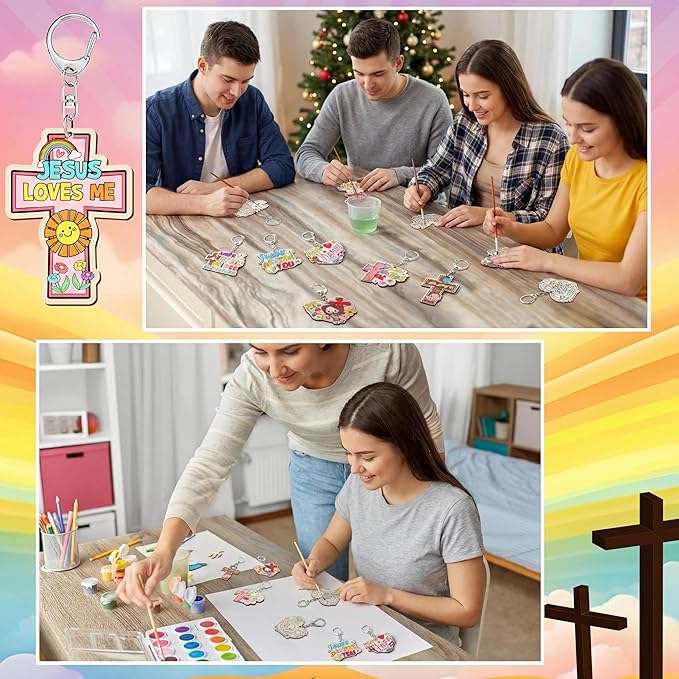 Trnayi 36 Pcs Christian Unfinished Crafts Color Your Own Jesus Loves Me Religious Keychains Wood DIY Coloring Crafts Gifts for Religious Painting DIY Arts Project Decoration