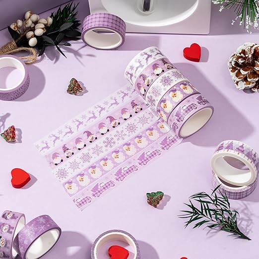 Purple Christmas Washi Tape - 12 Rolls Elegant Santa Reindeer Snowflake Watercolor Double Sided Scrapbook Masking Washi Tape School Office Adhesive Glue Scrapbooking Supplies Gift Wrapping