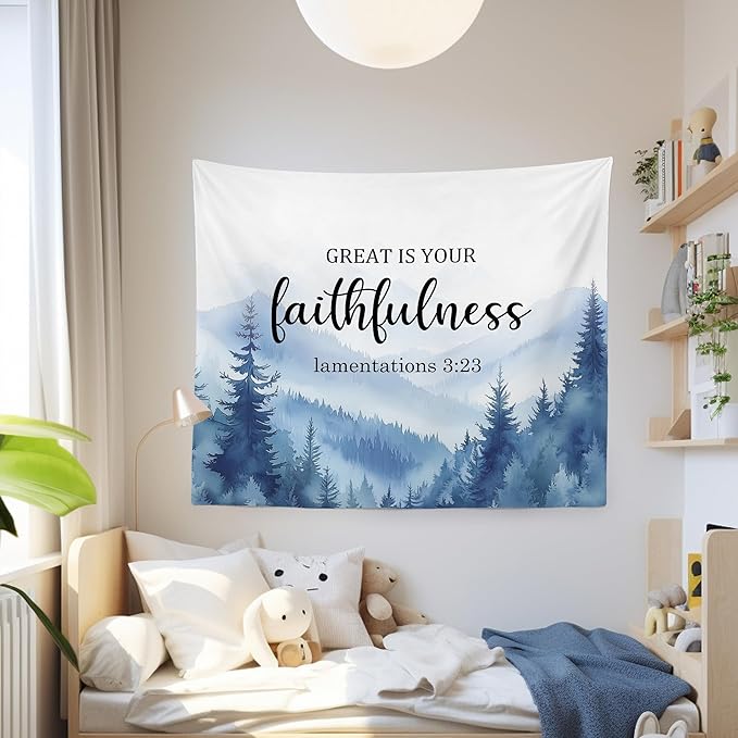 MNASAIOO Christian Mountian Woods Wall Tapestry Hanging for Bedroom, Bible Verse Scripture Great Is Your Faithfulness Tapestries,Blue Watercolor Wall Decor Banner for Living Prayer Room Church 50x60in