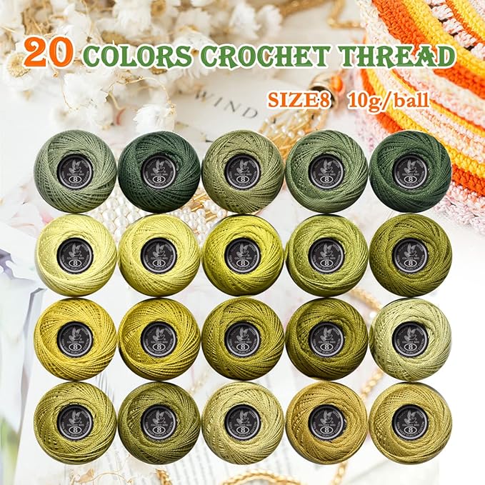 Soft 20 Colors Classic Crochet Thread 20 Pack,100% Cotton (Khaki Green-522-370)