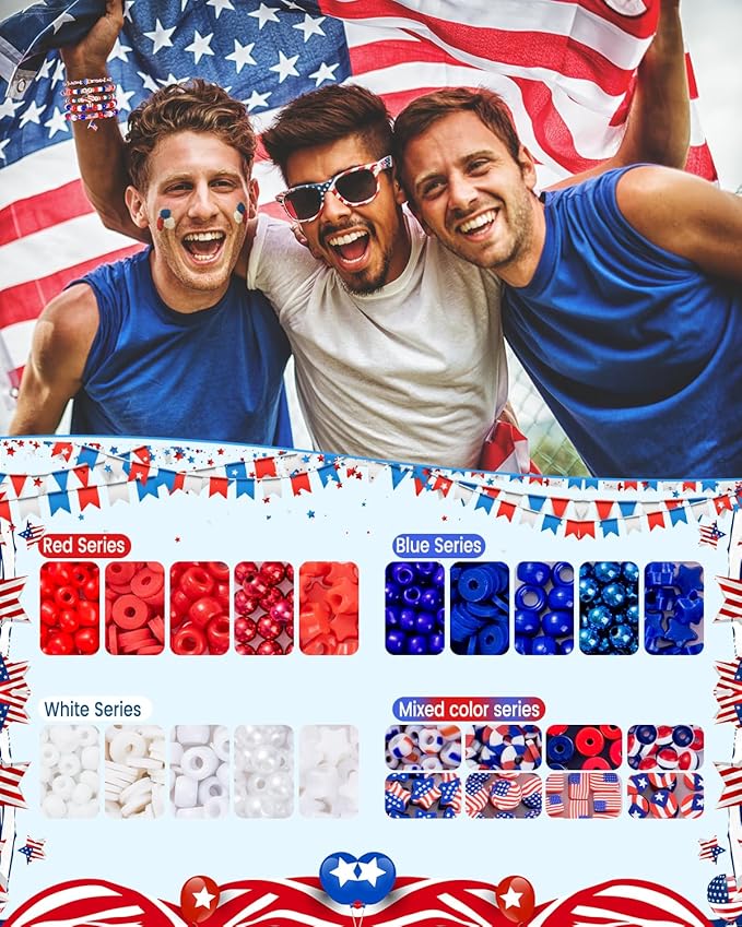 Goldwise 1578Pcs 4th of July Red White Blue Beads Bracelet Making Kit with Clay Seed Plastic Pony Pearl Beads, Patriotic USA Flag Star Beads, Metal Charms Earrings for Jewelry Making