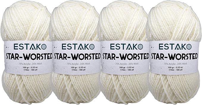 Estako Star-Worsted Yarn - (4 Skeins Pack) - 75% Acrylic 25% Wool - Soft Medium Weight #4 - (4 x 3.52 oz / 4 x 186 yds) - Crochet & Knitting Yarn (40169 - Off White)