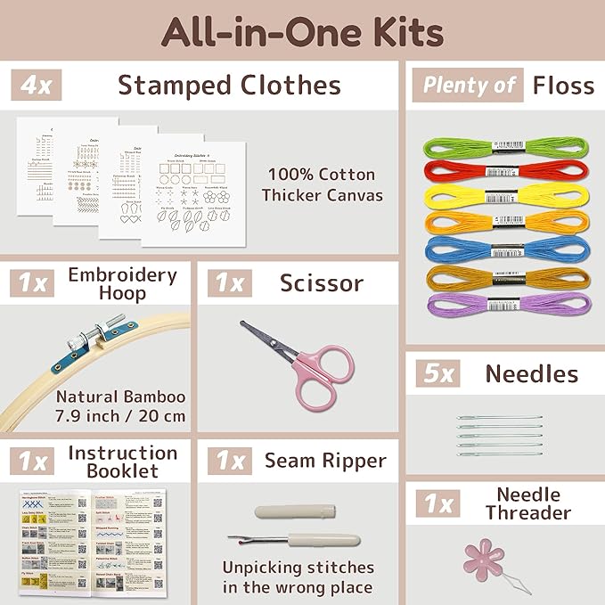 bradove classic embroidery stitches practice kit, embroidery kit for beginners, beginner embroidery kit for adults, hand embroidery kit for kids, stitches kit