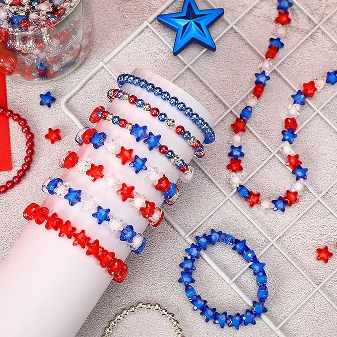 UPINS 1500Pcs Red White and Blue Beads, Patriotic 4th of July Beads for Jewelry Making Round Star Spacer Beads for Independence Day DIY Crafts and Necklace Bracelet Earring, 0.24 inch, 79-6670