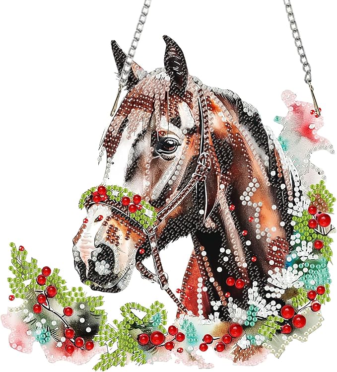 SENQAO Christmas Diamond Art Hanging Kits for Adults, Christmas Horse Diamond Art Suncatchers, 5D Special Shape Diamond Painting Pendant Window Ornament Gifts for Home Door Wall Decor
