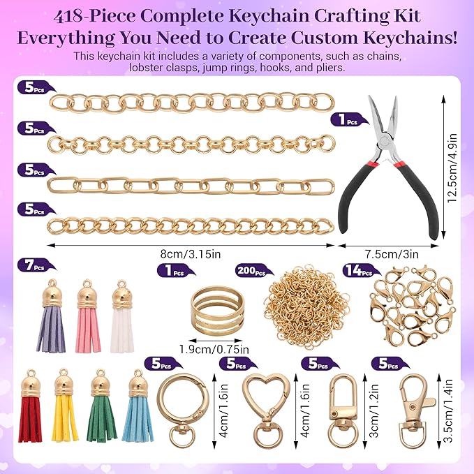 Koruhi 418PCS Keychain Making Kit for DIY Lip Gloss Keychains,Bag Charm Kit, Key Chain Making Kit with Hooks, Jump Rings, Gold Charms, Chains & Tools, Jewelry Making Kit, Gifts (418, Gold)