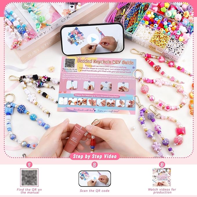 Wurosi 865 Pcs Bead Keychain Kit, DIY Bead Keychain Making Kit, Bag Charm Kit with Acrylic Heart Flower Alphabet Beads Key Chain Supplies for Jewerly Making Kit