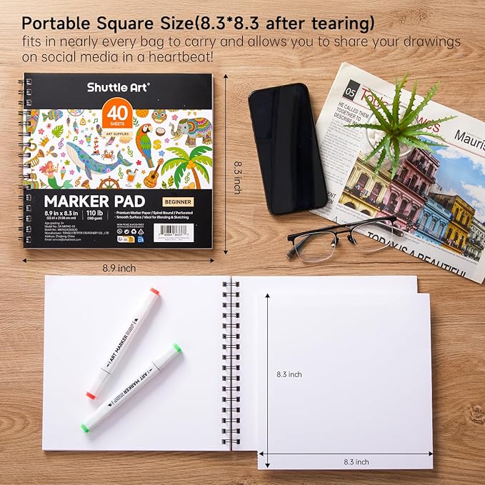 shuttle art marker pad, 8.9”x8.3” portable sketchbook, 40 sheets marker drawing paper, 110lb/180gsm smooth surface bleedproof art paper, spiral-bound, great for beginners to draw, paint & sketch
