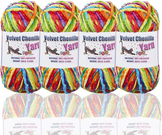 4*100g Fluffy Velvet Chenille Yarn for Crocheting and Knitting, Handcrafts Weaving Soft Chenille Yarn for Crocheting Clearance, Used for Making Baby Yarn Blanket, Clothes, DIY Craft (Bright Rainbow)