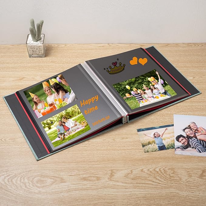 Large Photo Album Self Adhesive for 4x6 8x10 Magnetic Scrapbook Album DIY 60 Black Sticky Pages Linen Cover Photo Album(Green)