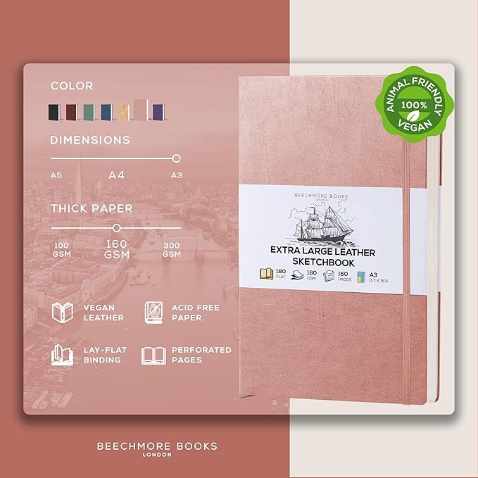 Beechmore Books A3 Mixed Media Sketchbook - 11.7x16.5 Extra Large Professional Studio Drawing Pad, 160 GSM / 98 lb Perforated Ivory Paper, Hardcover Lay-Flat Design, Gift Box for Artists & Watercolor