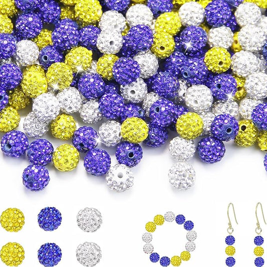 100 Pcs 10mm Rhinestone Beads for Jewelry Making, Blue Yellow White Shiny Round Shamballa Disco Baseball Necklace Beads Sparkle Crystal Clay Pave Rhinestones Bead for Bracelet Earring Keychain Making