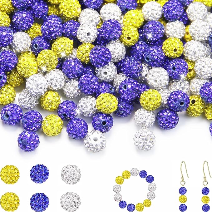 200 Pcs 10mm Rhinestone Beads for Jewelry Making, Blue Yellow White Shiny Round Shamballa Disco Baseball Necklace Beads Sparkle Crystal Clay Pave Rhinestones Bead for Bracelet Earring Keychain Making