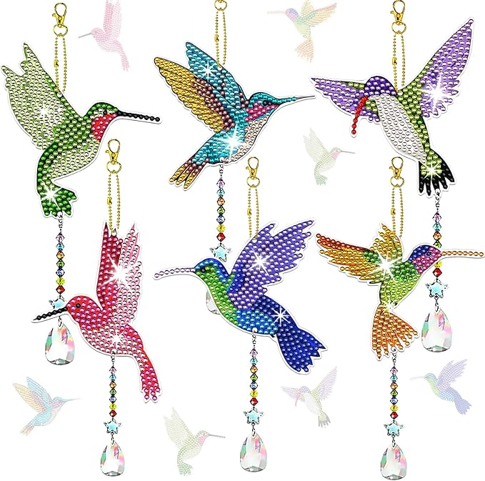 6 Pcs Diamond Painting Wind Chimes Rhinestone Hummingbird Diamond Art Suncatcher Double Sided 5D DIY Diamond Painting Kits for Adults Christmas Ornament Best Gifts for Mom