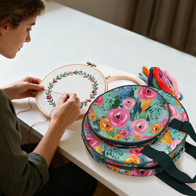 Floral Embroidery Project Bag, 13x13x3 Inch Round Cross Stitch Storage Bag, Portable Embroidery Organizer for Hoops Floss Thread Knitting Tools, Craft Gift for DIY Enthusiasts (Green)