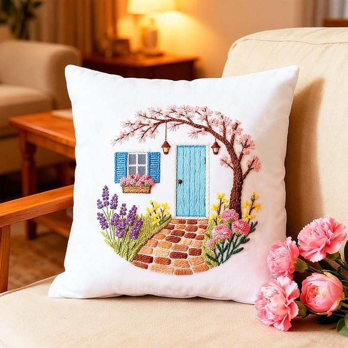 BEUNITONE Windows Flowers Embroidery Kit, 6PC Vintage Garden Scene with Birds Cat, Cottage Core Needlepoint Kits for Adults Beginners, DIY Home Decor Gift