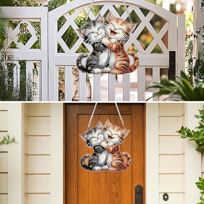 MXJSUA Cartoon Kittens Diamond Art Hanging Kits for Adults Beginners, DIY Acrylic Special Shaped Crystal Diamond Gem Drills Pendant Art Painting Ornament for Home Wall Decor Gift