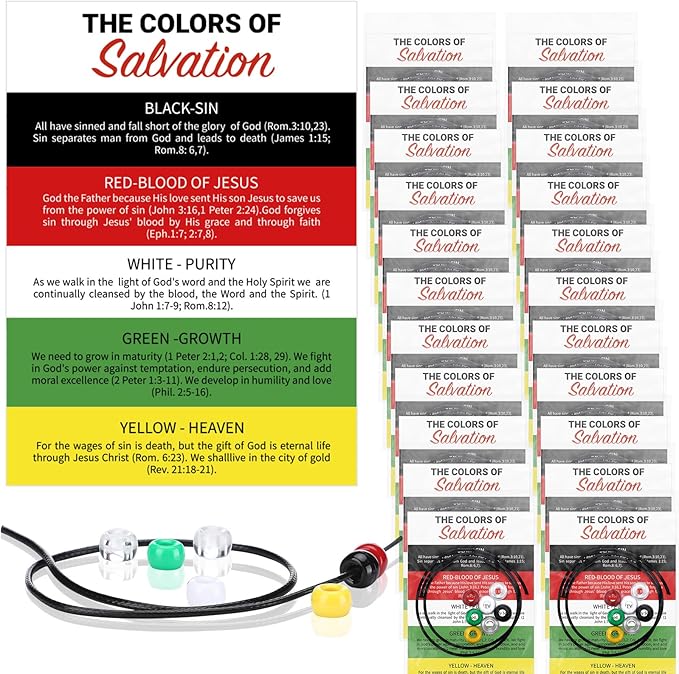 Misdary 300 Pcs Plan of Salvation Wristband Bracelets Gift with Tracts Prayer Christian Pocket Cards DIY White Red Green Yellow Blue Beads Holy Teaching Wristband Kit for Evangelism