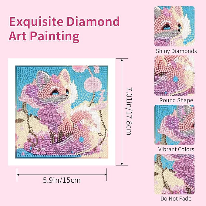 PERFECTSIGHT Cute 5D Diamond Art Kits with Wooden Frame, Kawaii DIY Painting Art for Adults, Diamond Arts and Crafts Sets, Big Gem Full Drill Diamond Dots for Women Beginners (Fox)