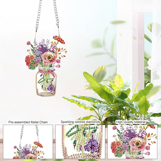 Floral Jar Diamond Painting Hanging Ornament, DIY 5D Special Shaped Rhinestone Acrylic Pendant, Vase with Flowers Diamond Art Kit for Wall, Door, Window or Garden Decoration, Handmade Craft Gift
