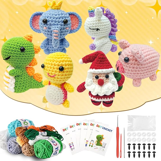 Christmas Gifts Crochet Kit for Beginners – 6PCS DIY Animal Crochet Starter Kit with Step-by-Step Tutorials, Amigurumi Knitting Kit for Kids Ages 8-12 & Adults, Yarn Craft Kit for Holiday Handmade