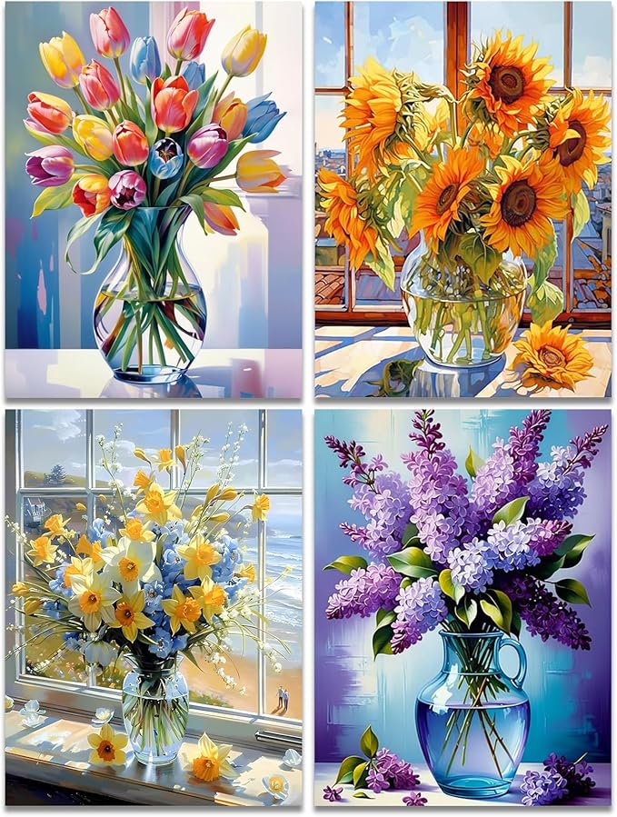 Muzagroo Art Flowers Diamond Paintings Kits for Adults Sunflower Diamond Art Kits for Beginners Hand Crafts Full Drill 5D Diamond Dots Kits DIY Gem Art 12X16 inches 4PCS (Sunflowers)