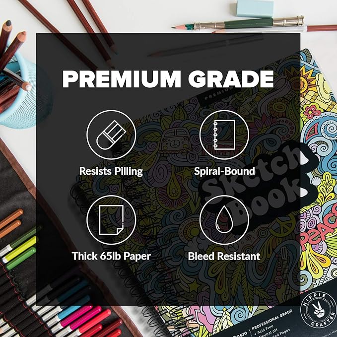 hippie crafter marker sketch book - 2 pack 9 x 12 inches spiral-bound sketchpad, 100 sheets, 65lb paper for drawing & markers, ideal for adults, artists