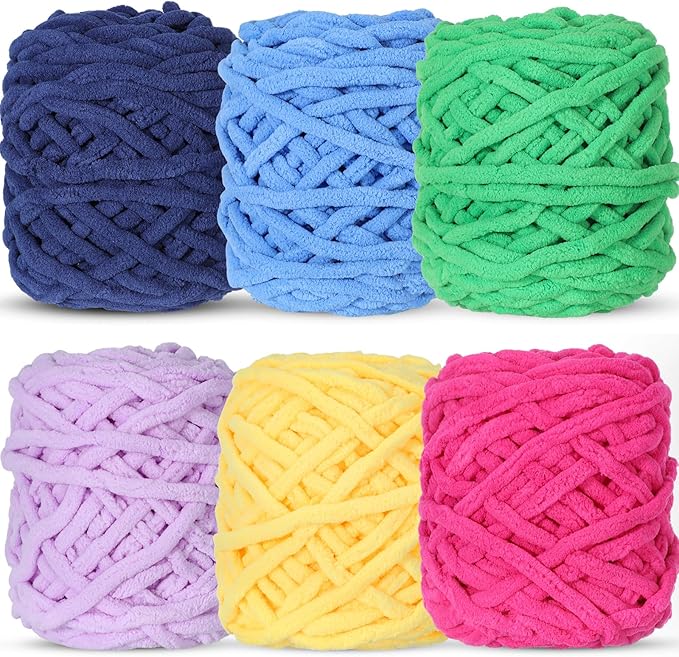 WSICSE Chenille Fluffy Yarn, Thick Chunky Blanket Yarn for Crocheting Plush Soft Yarn for Knitting Blanket DIY Easter Decor Gifts, 6×100g Each 3.5 oz 55 Yards(Neon Colors)