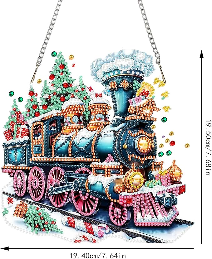 SENQAO Christmas Diamond Art Hanging Kits for Adults Kids, Christmas Train Diamond Art Suncatchers, 5D Special Shape Diamond Painting Pendant Window Ornament Gifts for Home Door Wall Decor