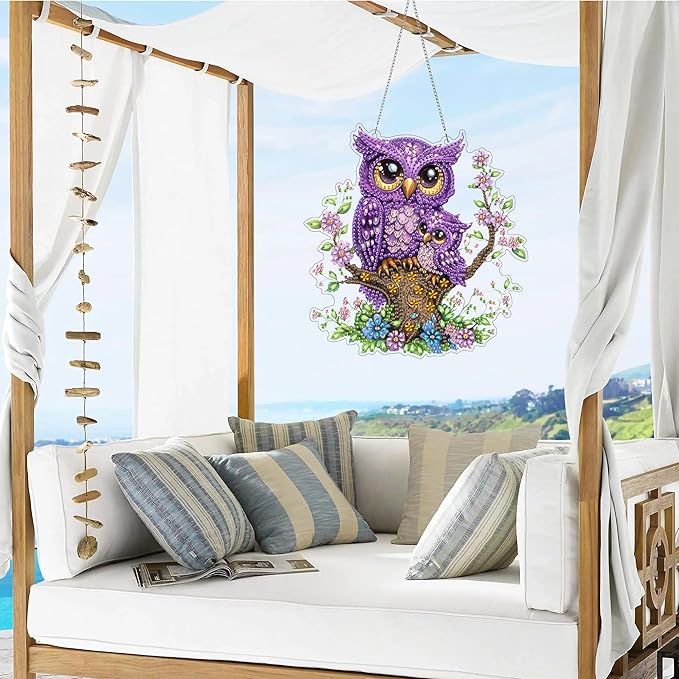VAIIEYO Owl Diamond Art Hanging Ornament, Animal Bird Diamond Painting Suncatchers Window Hanging Kit with Chain, 7.5x7.5 inch Crystal Pendant Art Craft for Gift Home Wall Front Door Decoration