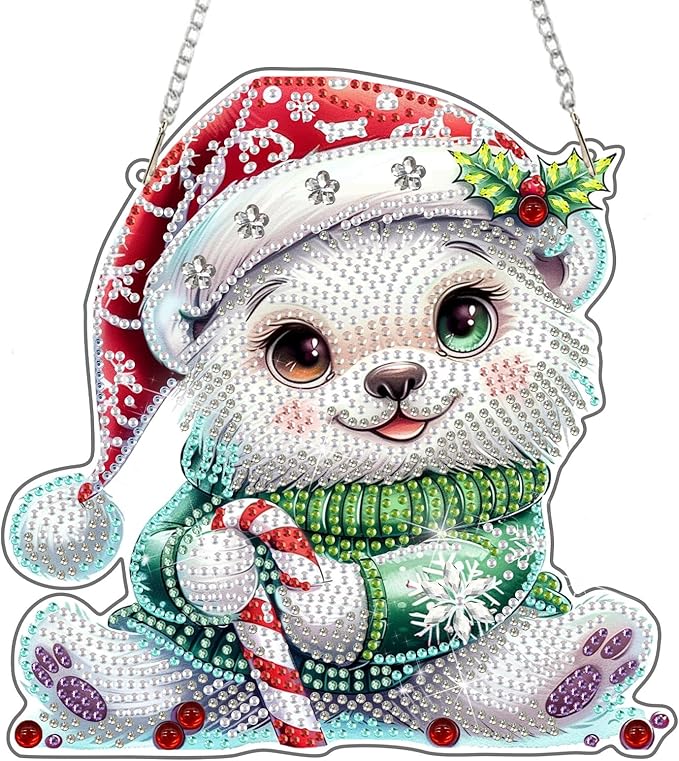 DOMROM Bear Diamond Art Hanging Kits for Adults Beginners, Christmas Special Shaped Crystal Diamond Painting Bear Pendant, DIY Diamond Art Suncatchers Animals for Home Garden Wall Decor Gift