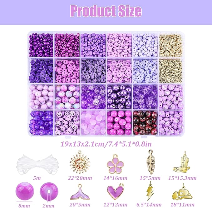 Purple Beads for Jewelry Making,3500pcs Clay Beads,Purple Friendship Bracelet Making Kit DIY Craft Set with 3mm Seed Bead,8mm Glass Bead