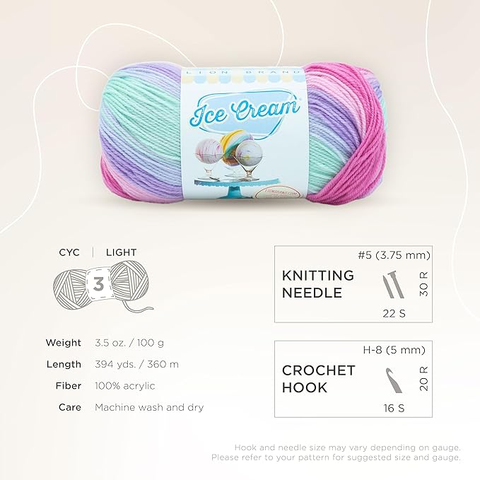 Lion Brand Yarn, Ice Cream Baby Yarn for Knitting, Crochet, and Crafts, Ube, 1 Pack, DK Weight Colorful Acrylic Fiber for Baby Blankets, Hats, and Sweaters