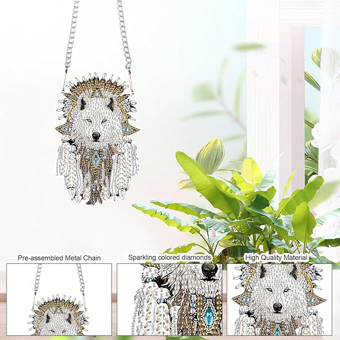 AiYuanzsh White Wolf Diamond Painting Hanging Ornament – DIY 5D Crystal Art Kit with Feathers, Tribal Totem Style Diamond Art Pendant Ornament Wall or Window Decoration for Adults