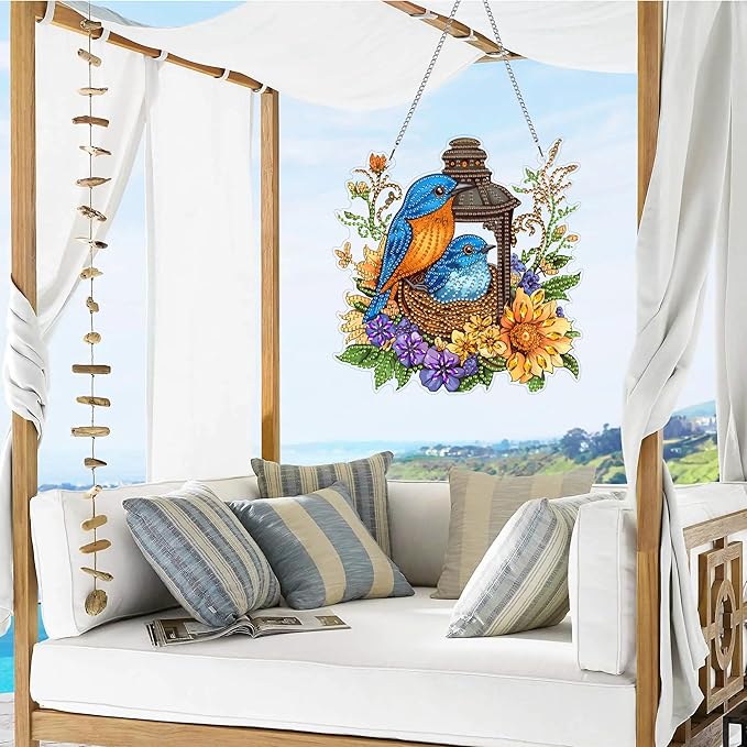 VAIIEYO Bird Diamond Art Hanging Ornament, Flower Diamond Painting Suncatchers Window Hanging Kit with Chain, 7.5x7.5 inch Crystal Pendant Art Craft for Gift Home Wall Front Door Decoration