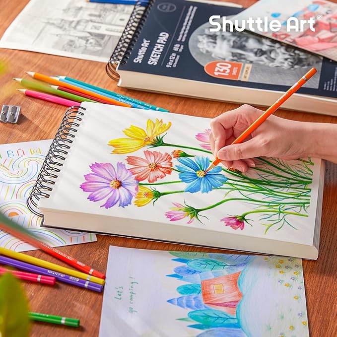 shuttle art 9”x12” sketch pad, 260 sheets (68lb/100gsm) drawing pad, pack of 2, 130 sheets each, spiral bound sketch book, durable acid-free drawing paper, great sketch pad for kids, teens & adults