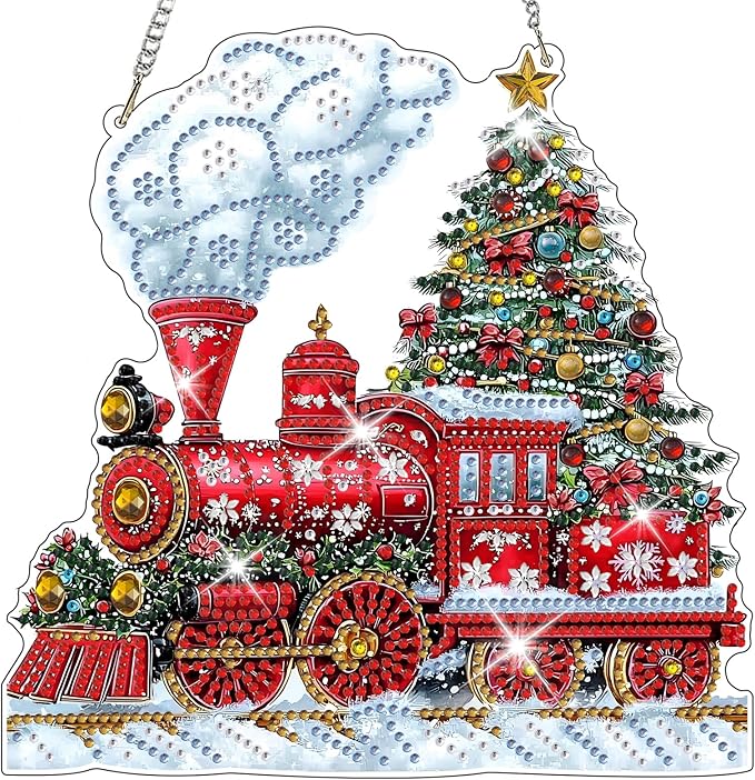 NAIMOER Christmas Diamond Art Hanging Kits for Adults, Christmas Train Diamond Art Suncatchers, 5D Special Shape Fall Diamond Painting Pendant Window Ornament Gifts for Home Garden Door Wall Decor