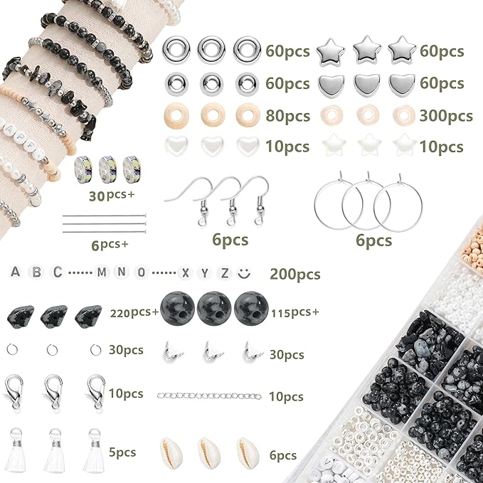 xyliise bracelet making kit natürliche perlen set for adults beads for bracelets silver jewelry making supplies diy jewelry necklace earrings (cz006-black and white)