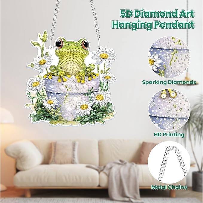 MOGTAA Frog Diamond Art Hanging Pendant Kits, 5D Special Shape Diamond Art Kits for Adults, Crystal Rhinestones Flowers Diamond Painting Gem Art for Home Garden Wall Decor
