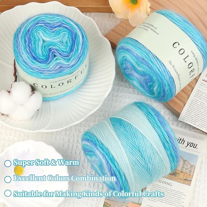 Aeelike Gradient Yarn for Crocheting, 6 Skeins Cake Yarns Fairyland Yarn 100g (3.52 oz) 245m (267 Yards) # 3 Light Weight, Super Soft Ombré Yarns for Making Colorful Crafts, Blue Green Gradient