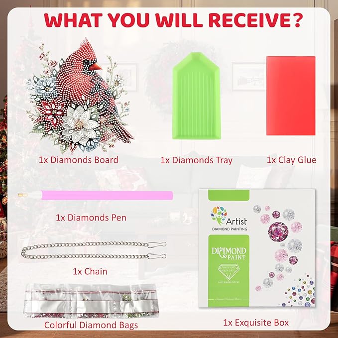 MEIYUDA Christmas Diamond Art Hanging Kits for Adult, Flowers Cardinal Diamond Painting Hanging Kits Ornaments, DIY Special Shaped Rhinestone Window Pendants kit for Home Garden Wall Decor Gift