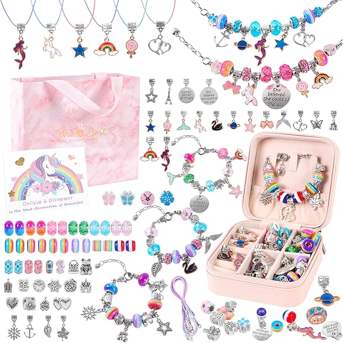 Charm Bracelet Jewelry Making Kit - A Perfect Birthday Holiday Gift for Girls Age 6 7 8 9 10 with Portable Jewelry Box, Cute & Sparkling to Inspire Creativity and Self-Expression, Great Value