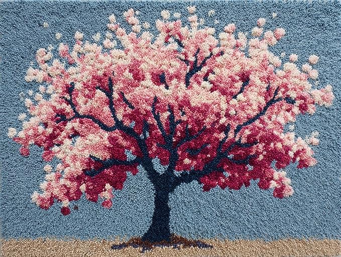 DIY Latch Hook Rug Kit Cherry Flower Tree Moon Color-Stamped Carpet Tapestry 52x38cm Yarn Hooking Crochet Mat Home Floor Decor