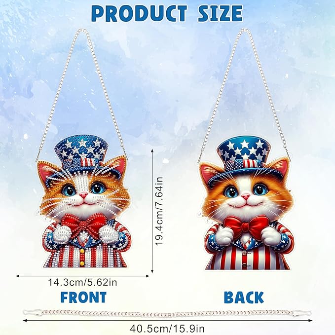 DOMROM 4TH of July Diamond Art Hanging Kit for Adult, Cat Diamond Art Hanging Kit, Patriotic DIY Diamond Art, Independence Day Diamond Hanging Pendant, Window Pendants Garden Wall Hanging Ornament